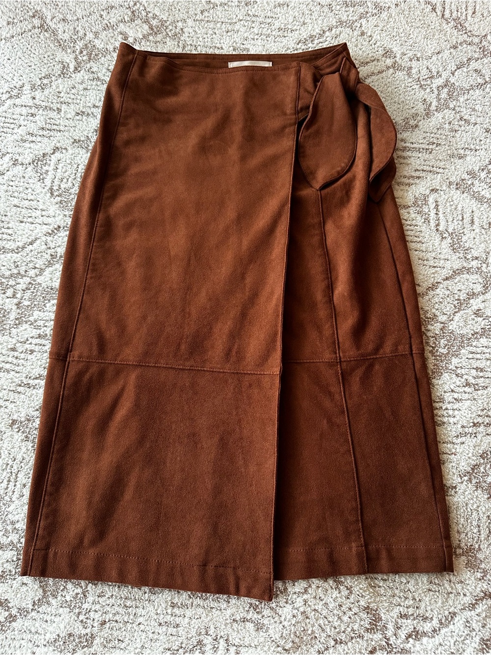 Anthropologie Faux Suede Wrap Midi Skirt Cinnamon Chestnut Brown Tie Waist